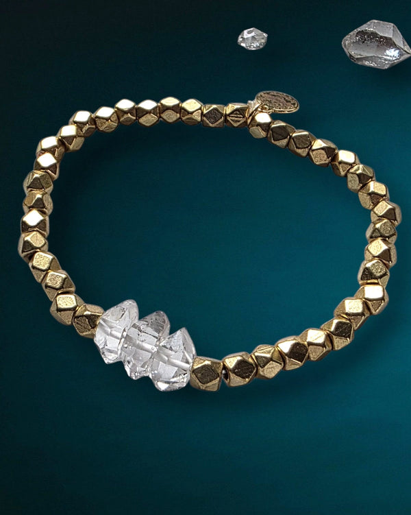 Brass and Diamond Quartz Beaded Stretchy Bracelet