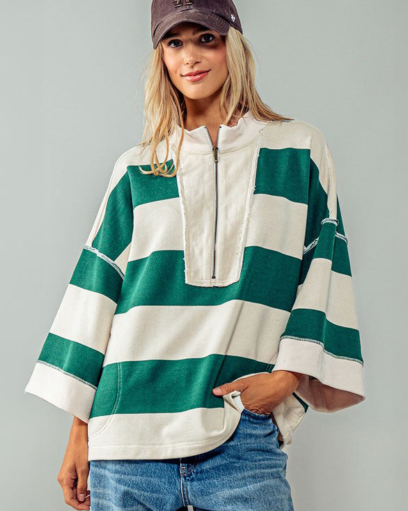 Oversized Green & Cream French Terry Pullover