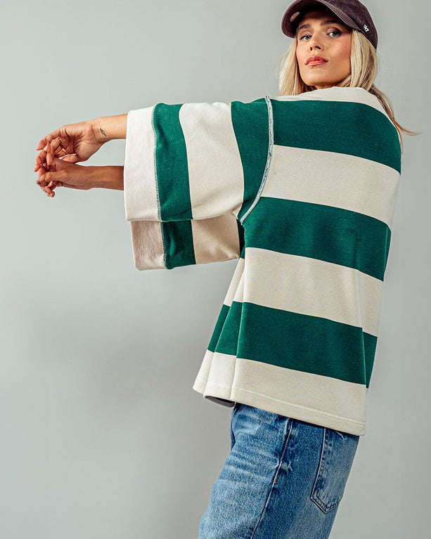 Oversized Green & Cream French Terry Pullover