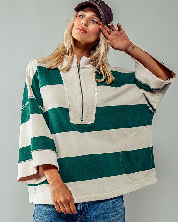 Oversized Green & Cream French Terry Pullover