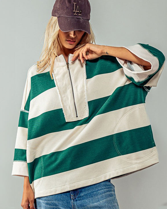 Oversized Green & Cream French Terry Pullover