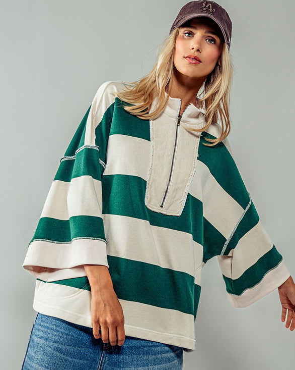 Oversized Green & Cream French Terry Pullover