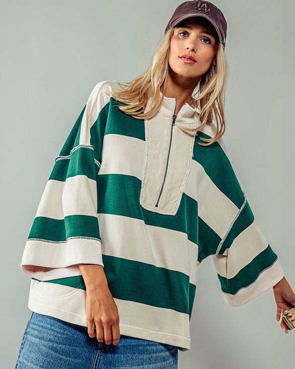 Oversized Green & Cream French Terry Pullover