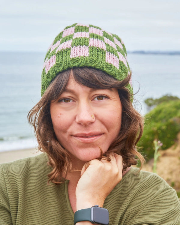 Green & Pink Checkered Beanie