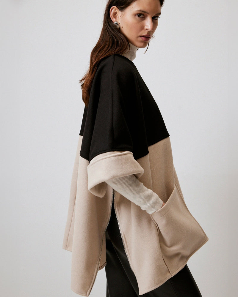 Black and Sand Color Block Poncho