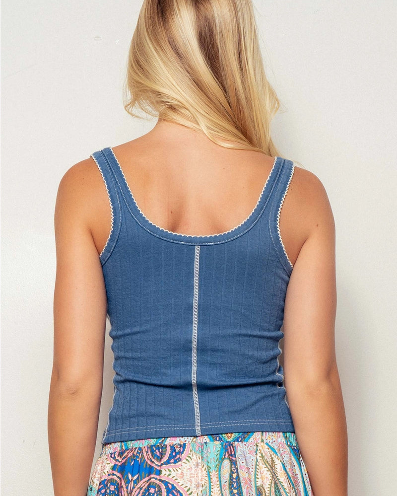 Blue Cotton Button-Front Tank