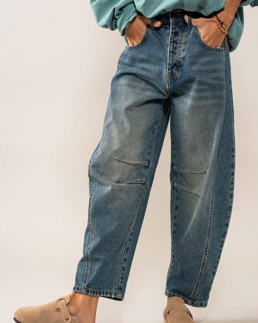 Distressed Wash Barrel Jeans