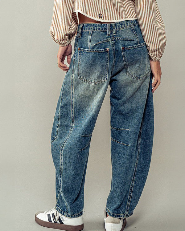 Distressed Wash Barrel Jeans