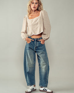 Distressed Wash Barrel Jeans