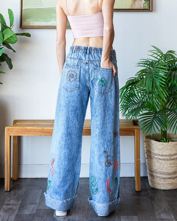 Flower Embroidered Denim Jeans