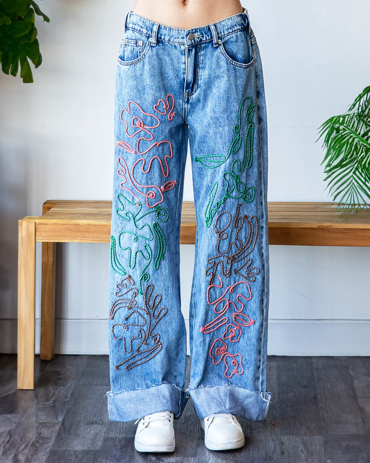 Flower Embroidered Denim Jeans