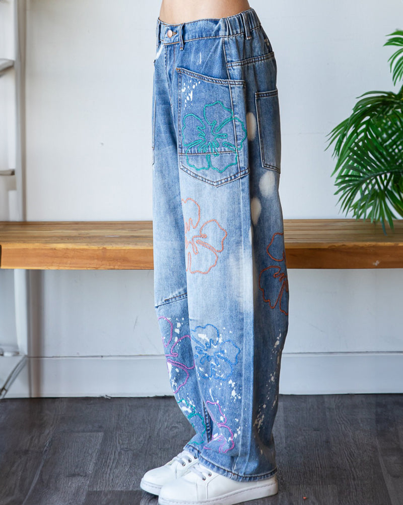 Flower Embroidered Denim Jeans