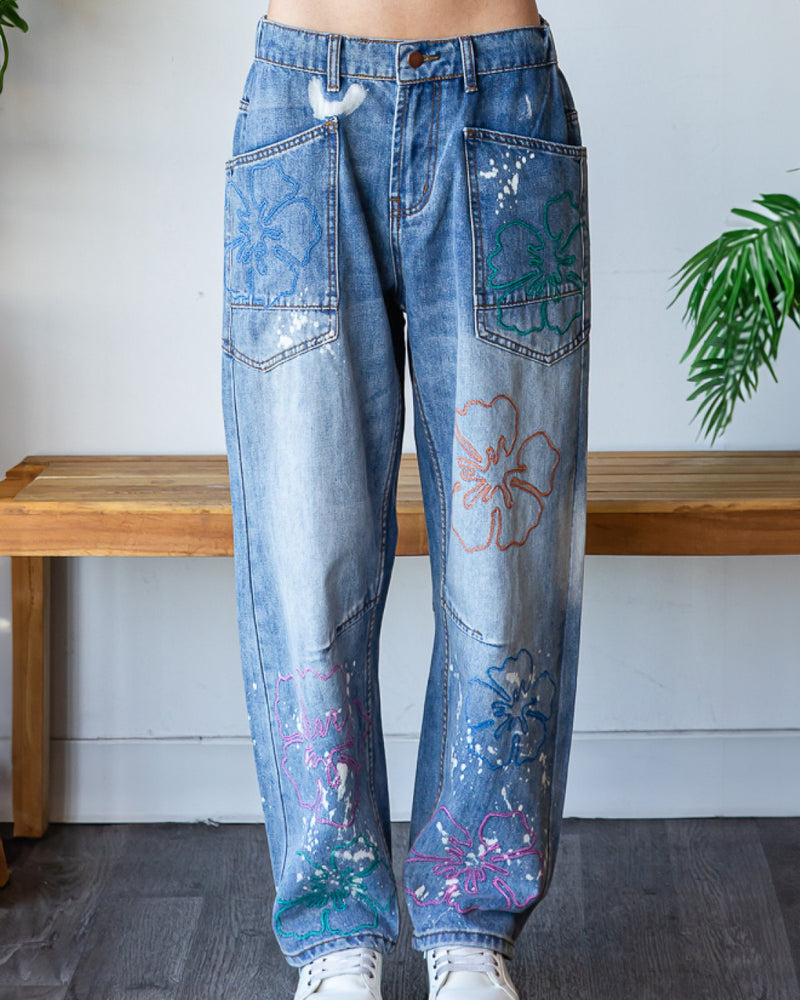 Flower Embroidered Denim Jeans