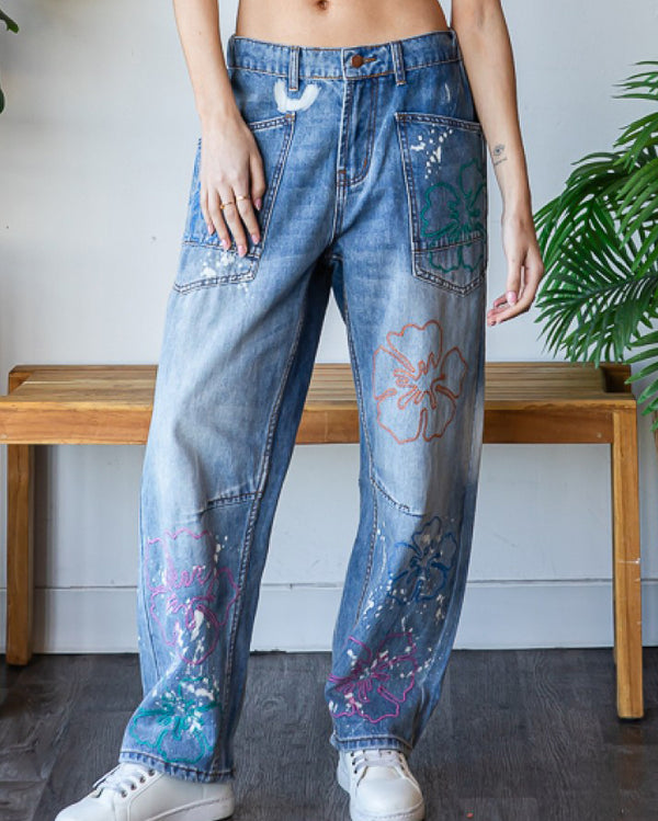 Flower Embroidered Denim Jeans