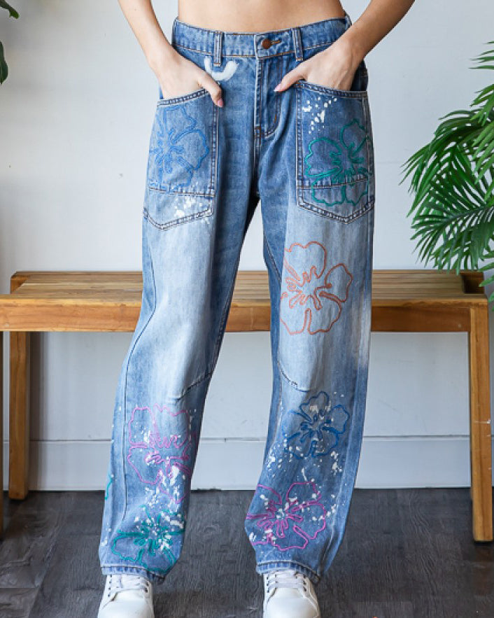 Flower Embroidered Denim Jeans