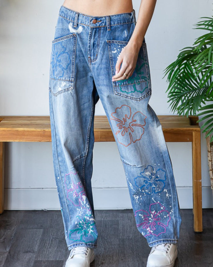 Flower Embroidered Denim Jeans