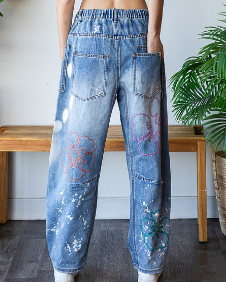 Flower Embroidered Denim Jeans