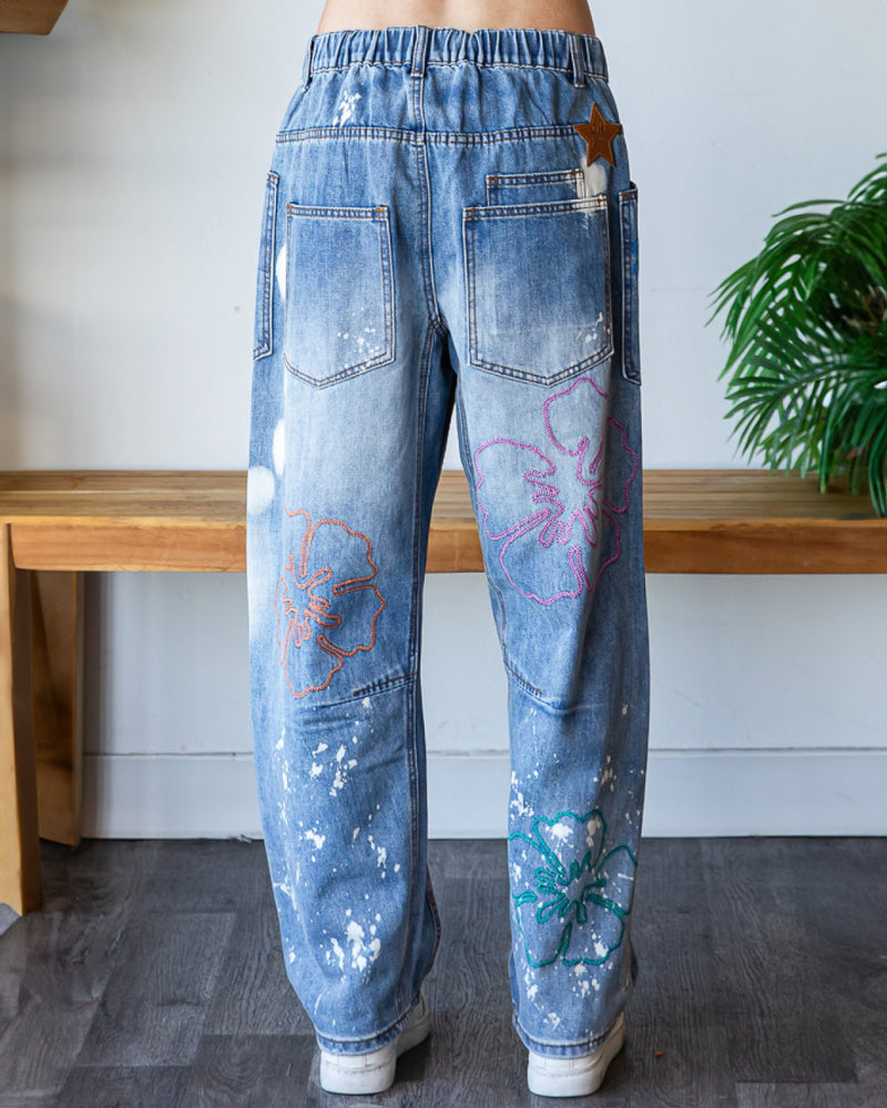 Flower Embroidered Denim Jeans