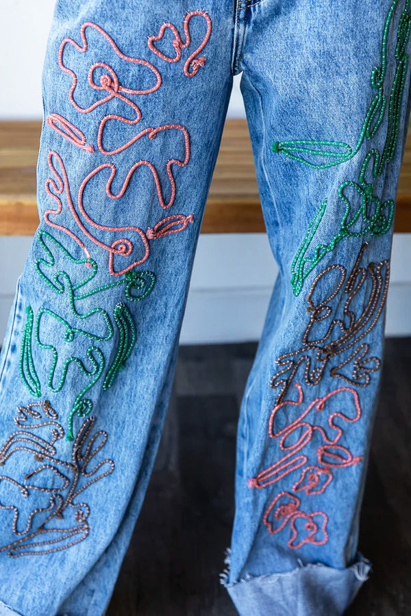 Flower Embroidered Denim Jeans