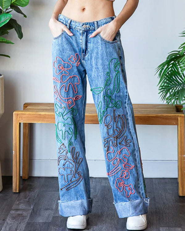 Flower Embroidered Denim Jeans