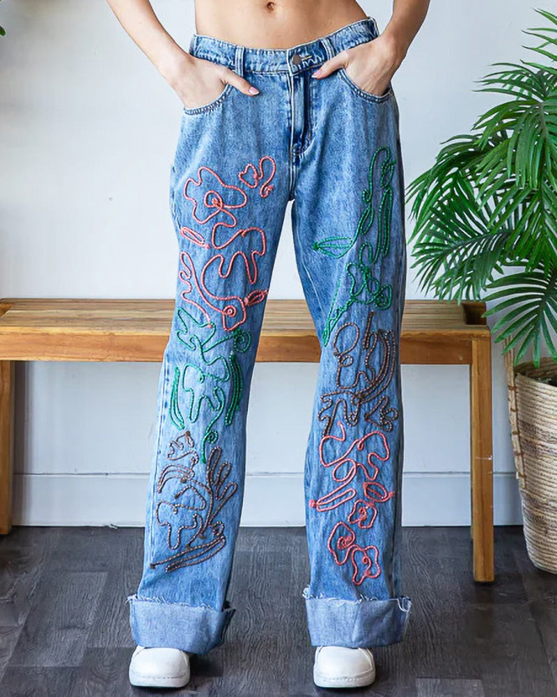 Flower Embroidered Denim Jeans