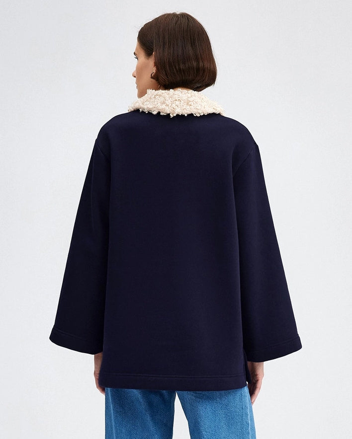 Faux Fur Collar Midnight Blue Sweatshirt