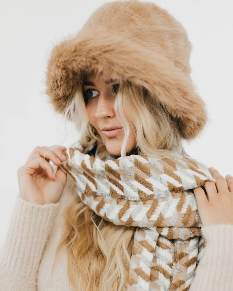 Faux Fur Bucket Hat in Camel