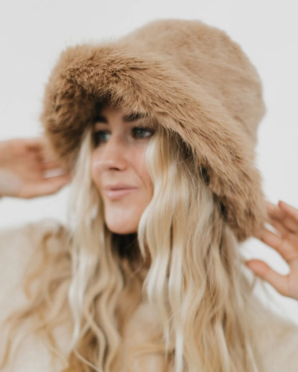 Faux Fur Bucket Hat in Camel