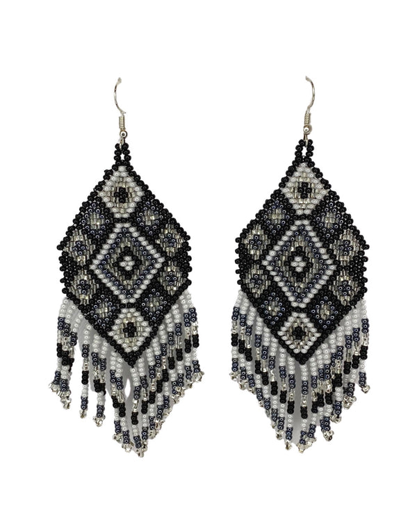 Black and White Flor Seed Bead Fringe Earrings