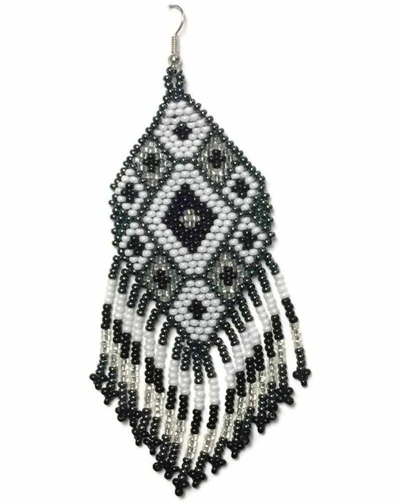 Black and White Flor Seed Bead Fringe Earrings