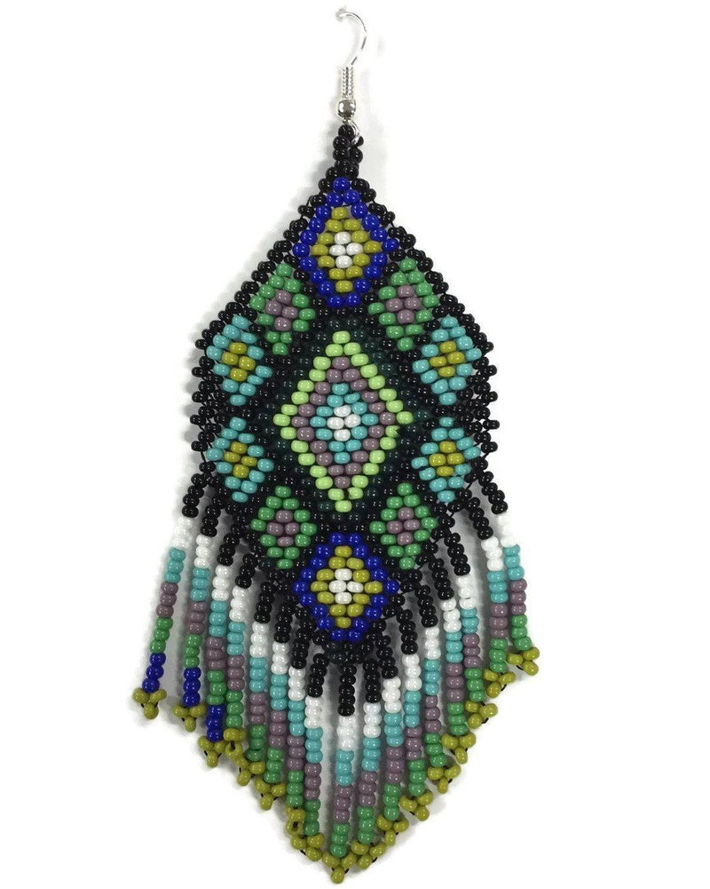 Blue and Green Flor Seed Bead Fringe Earrings