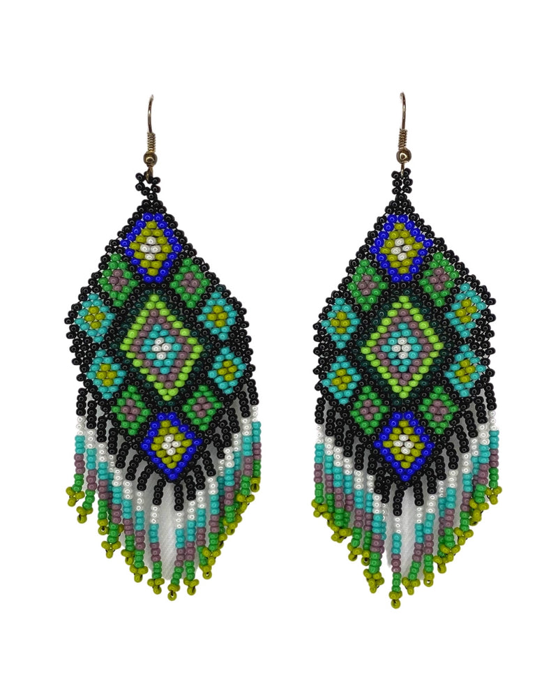 Blue and Green Flor Seed Bead Fringe Earrings