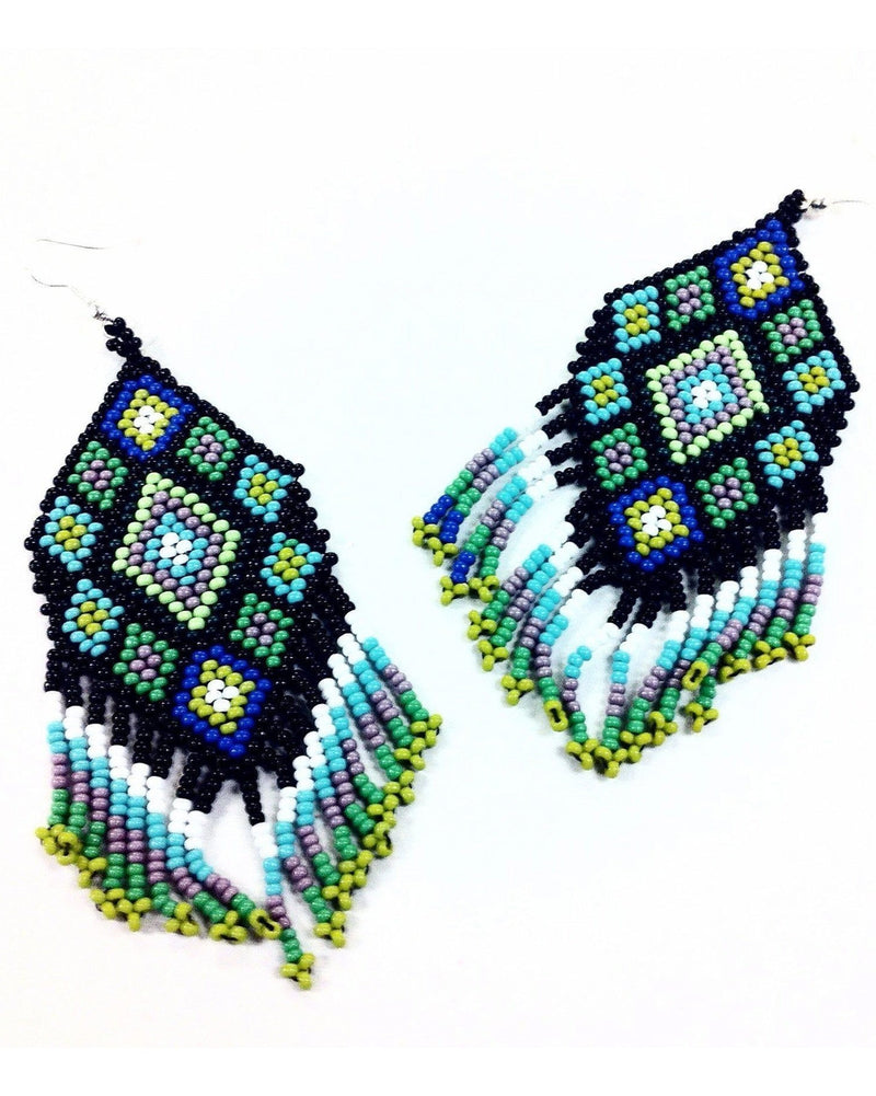 Blue and Green Flor Seed Bead Fringe Earrings