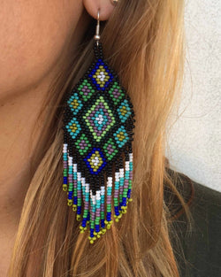 Blue and Green Flor Seed Bead Fringe Earrings