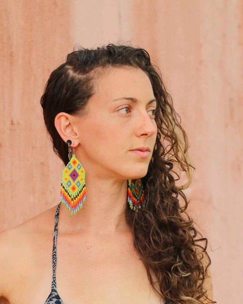 Lime Flor Seed Bead Fringe Earrings