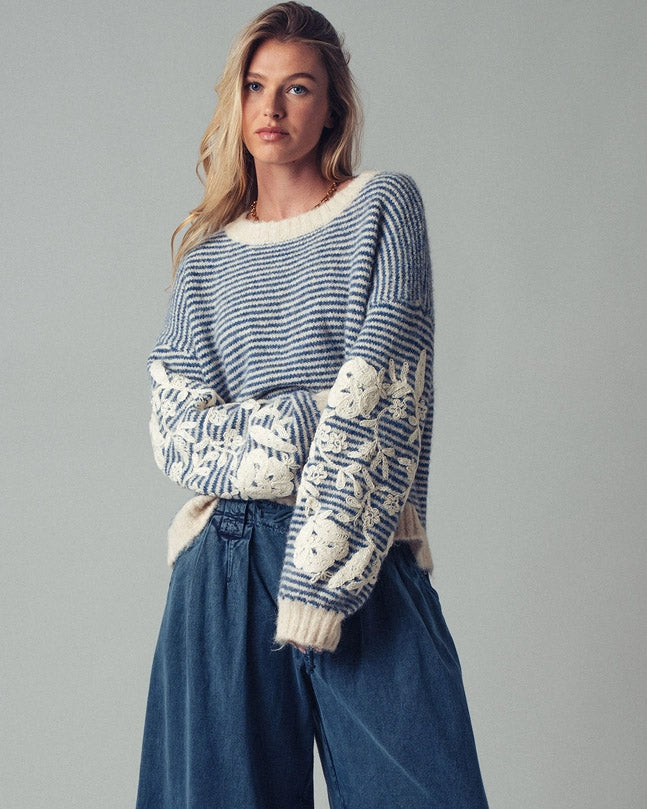 Floral Embroidered Striped Knit Sweater