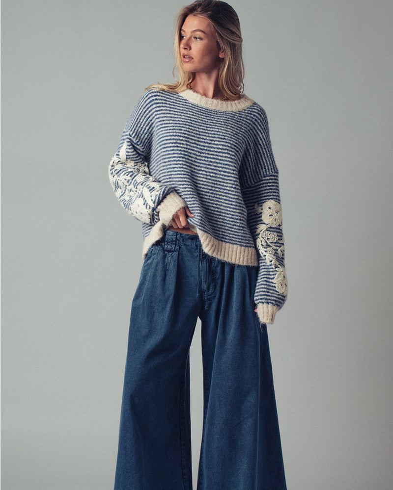 Floral Embroidered Striped Knit Sweater