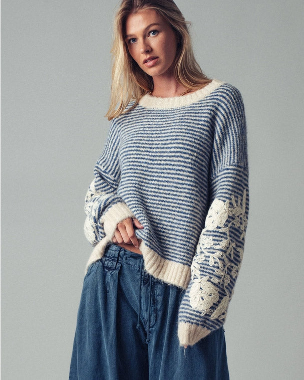 Floral Embroidered Striped Knit Sweater