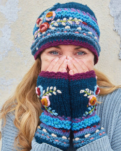 Blue Flower Embroidered Beanie