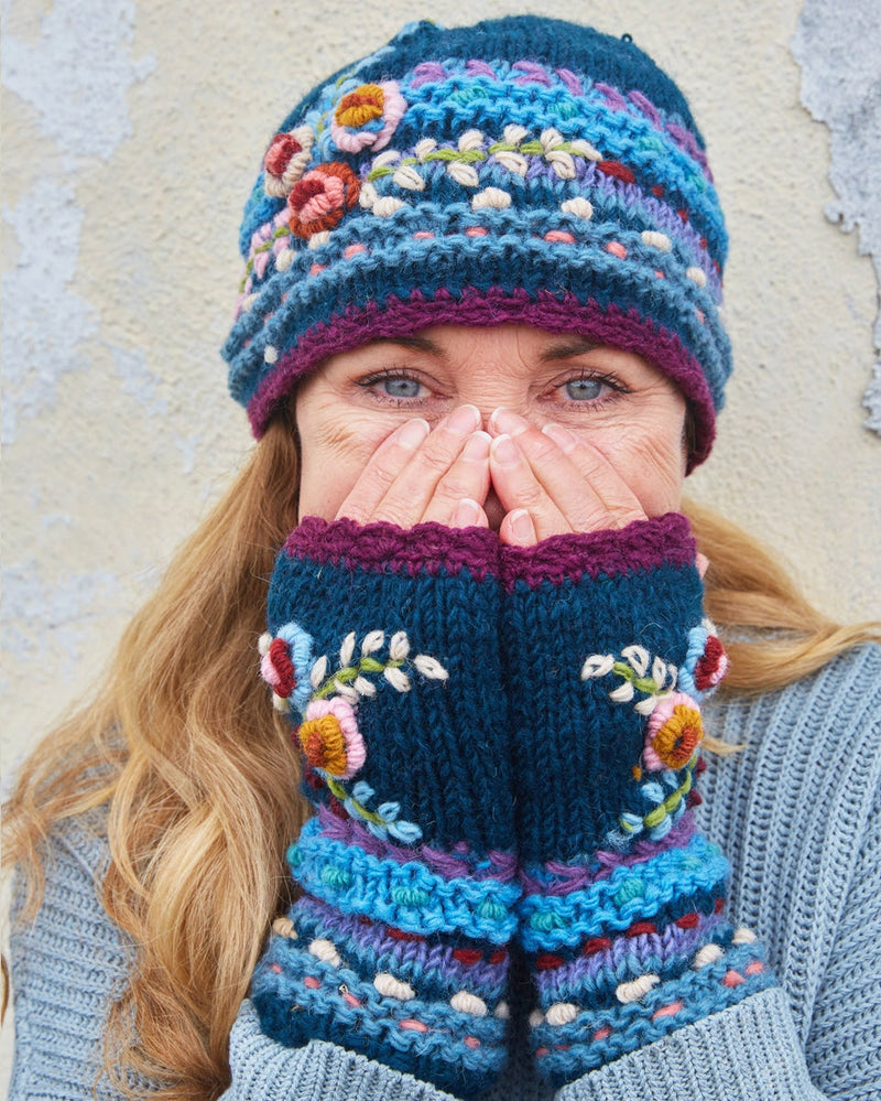 Blue Flower Embroidered Beanie
