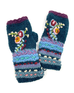 Blue Flower Embroidered Fingerless Gloves