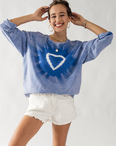 Blue Heart Tie Dye Terry Sweatshirt