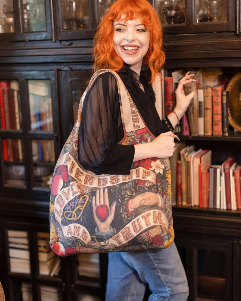 Friendship Love & Truth Vintage Heart Print Linen Tote Bag