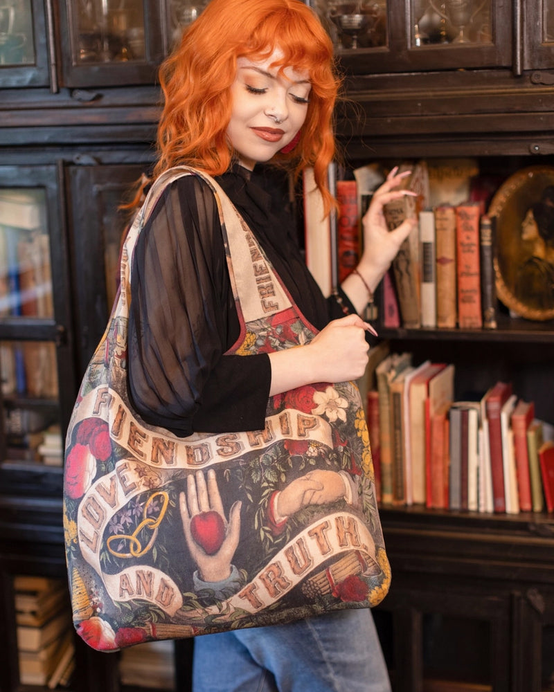 Friendship Love & Truth Vintage Heart Print Linen Tote Bag
