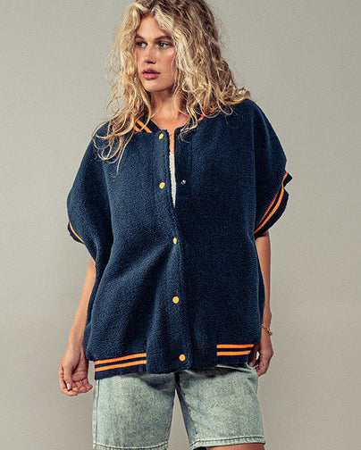 Navy Fuzzy Varsity Vest