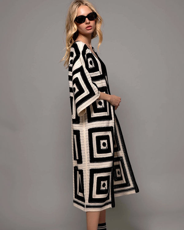 Black & White Geometric Crochet Knitted Duster