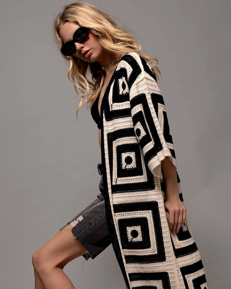 Black & White Geometric Crochet Knitted Duster
