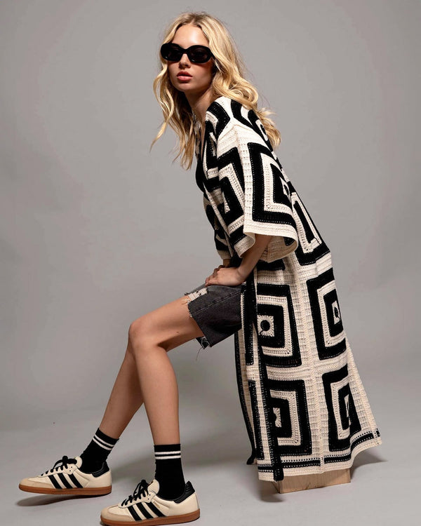 Black & White Geometric Crochet Knitted Duster