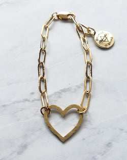 Gold Hammered Heart Charm Bracelet