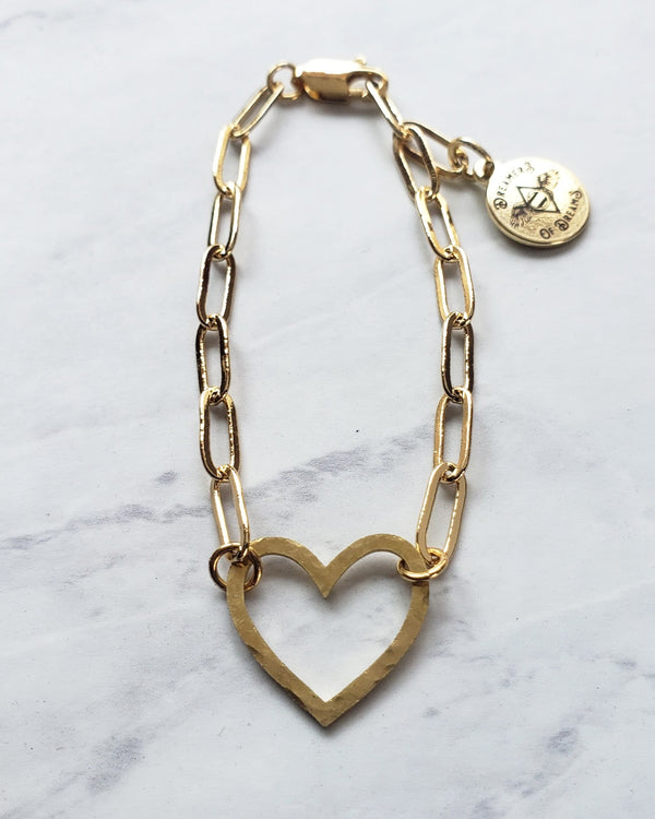 Gold Hammered Heart Charm Bracelet